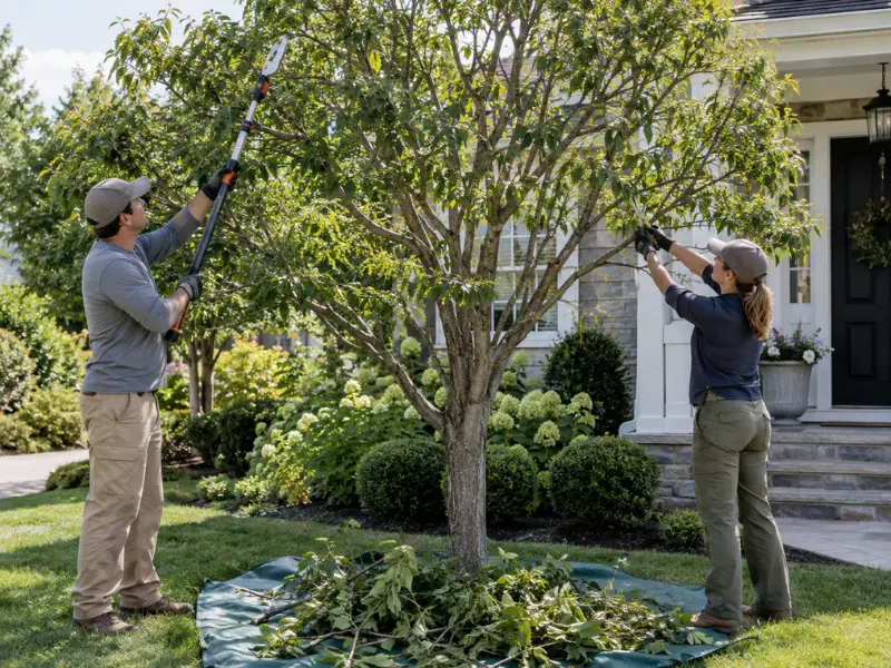 Two tree pruning technicians trimming a front yard tree with pole pruners and hand shears. Two tree pruning technicians trimming a front yard tree with pole pruners and hand shears.
