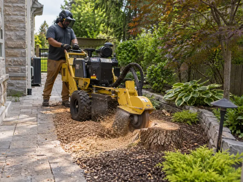 Operator using a wheeled stump grinder to remove a tree stump beside a stone walkway and garden beds. Operator using a wheeled stump grinder to remove a tree stump beside a stone walkway and garden beds.