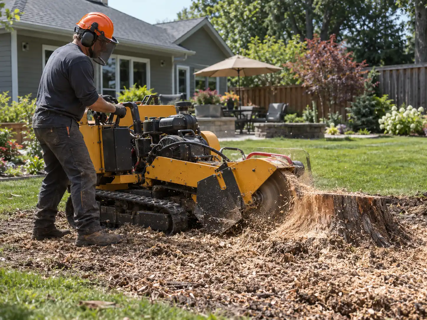 Operator in a hard hat and ear protection using a tracked stump grinder to remove a stump in a residential backyard. Operator in a hard hat and ear protection using a tracked stump grinder to remove a stump in a residential backyard.