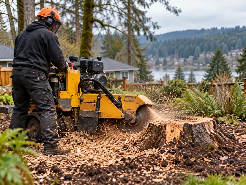 Professional operating a stump grinder to remove a mossy tree stump in a backyard with a lake and evergreen trees in the background.