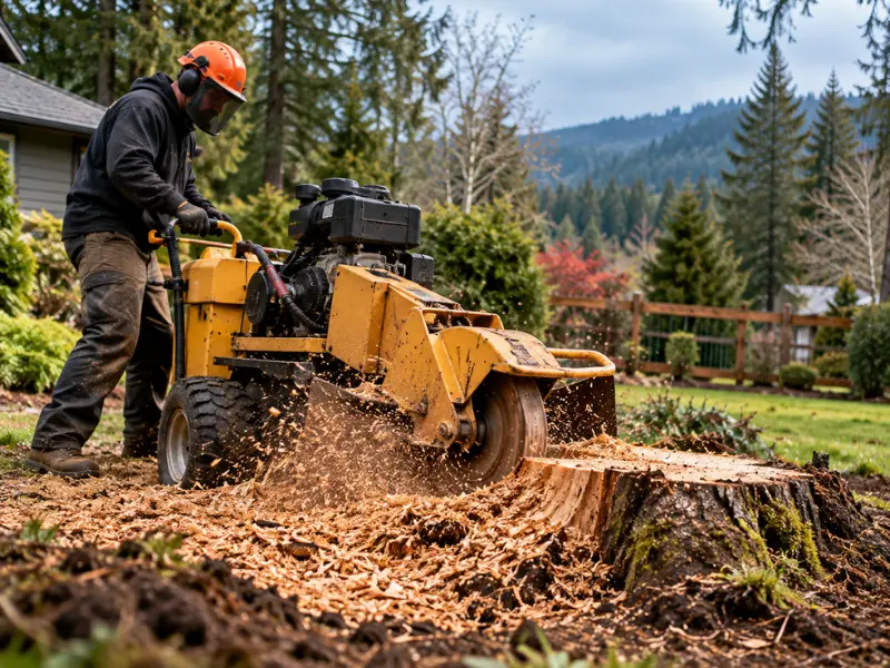 Stump grinding technician in safety gear using a yellow stump grinder to grind down a large tree stump in a residential yard, with wood chips flying.