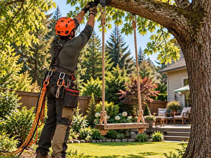 Arborist in a helmet and harness attaching swing ropes to a sturdy branch above a wooden swing seat near a patio.
