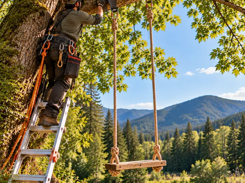 Arborist on a ladder securing rope swing ropes to a large tree branch, with a wooden seat hanging below and mountains behind.