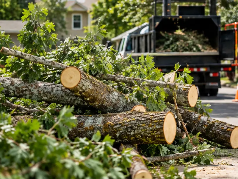 Pile of pruned branches and cut limbs on a residential street beside a chipper truck during tree pruning cleanup.