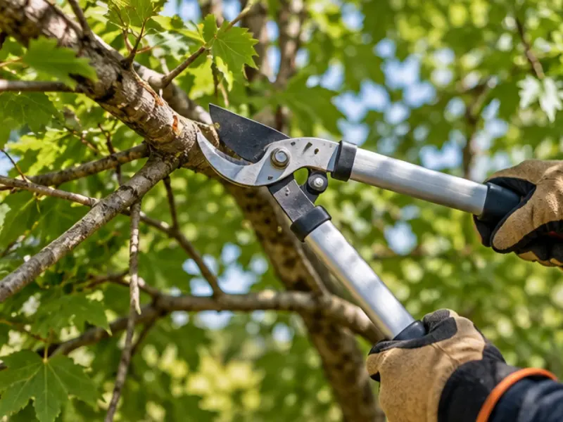 Gloved hands using bypass loppers to prune a branch on a leafy tree.