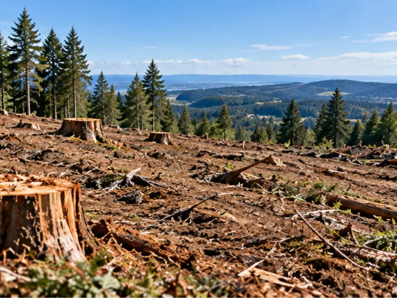 Cleared logging site with tree stumps and slash debris on a hillside above a forested valley.