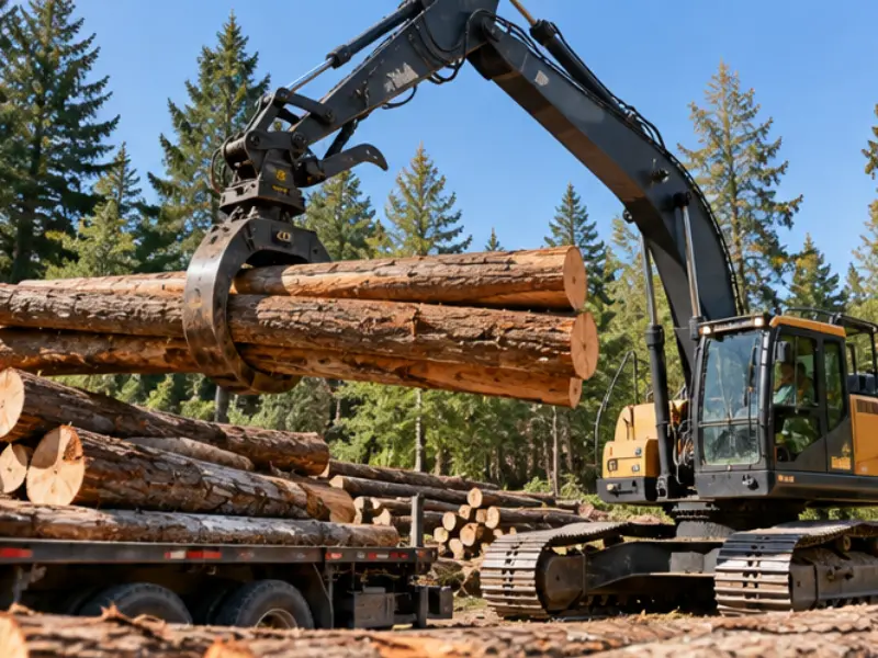 Log loader with a grapple lifting freshly cut logs onto a trailer at a logging site.