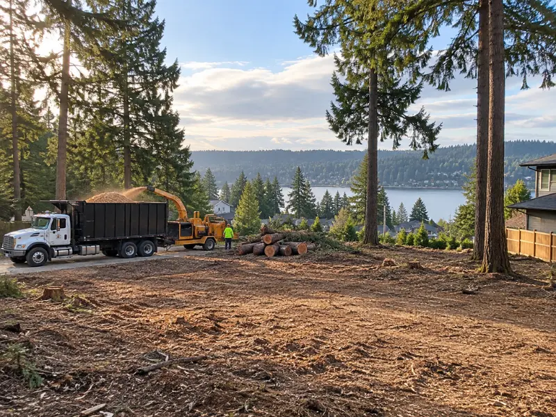 Wood chipper loading a dump truck on a freshly cleared lot with stacked logs and a lake view. Wood chipper loading a dump truck on a freshly cleared lot with stacked logs and a lake view.