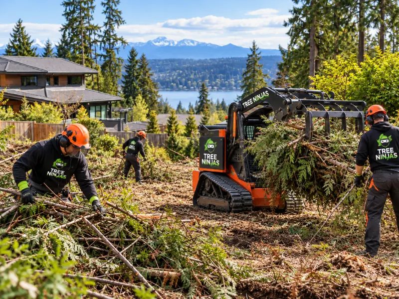 Tree Ninjas crew clearing brush with a compact track loader and grapple on a wooded lot. Tree Ninjas crew clearing brush with a compact track loader and grapple on a wooded lot.
