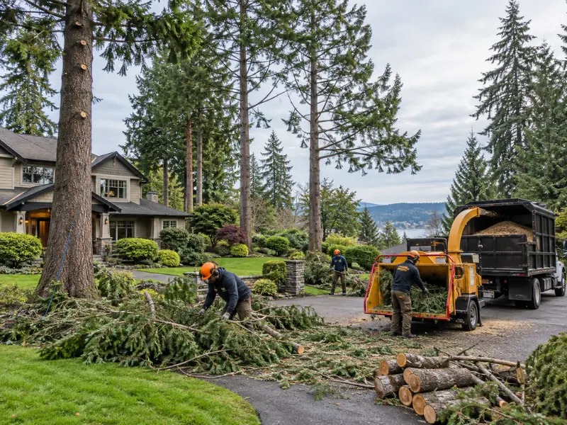 Tree trimming crew cutting fallen branches and feeding them into a wood chipper next to a haul truck in a front yard lined with tall evergreen trees.