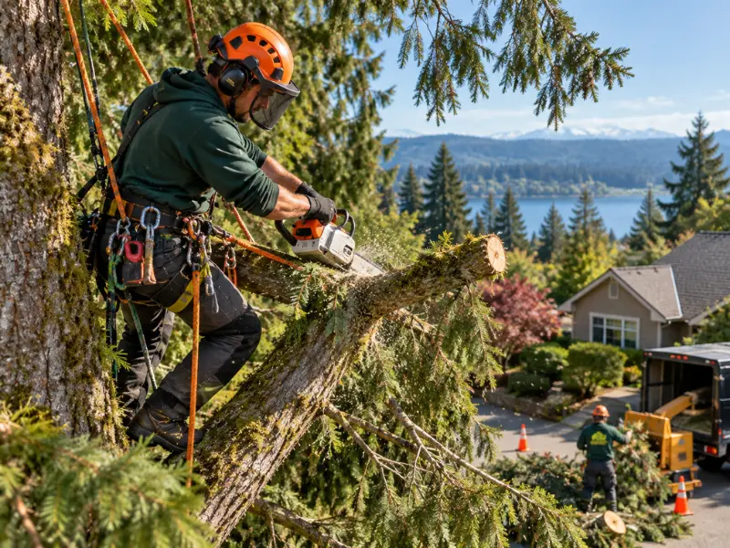 Tree climber with ropes and safety gear cutting a large mossy branch with a chainsaw while a crew member works near the chipper truck below. Tree climber with ropes and safety gear cutting a large mossy branch with a chainsaw while a crew member works near the chipper truck below.