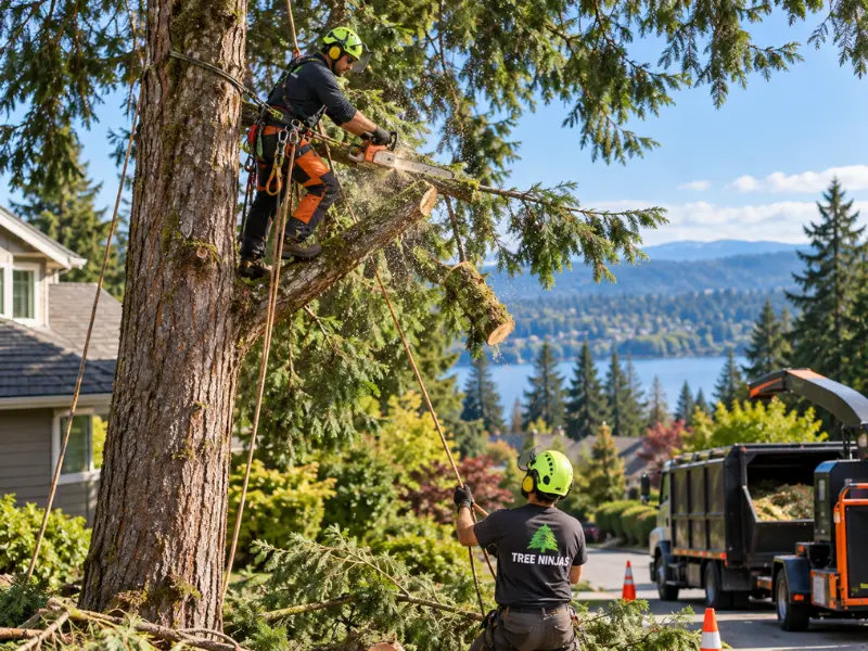 Arborist in a climbing harness cutting a large limb from a tall evergreen with a chainsaw while a ground crew member guides the rope, with a chipper truck parked nearby. Arborist in a climbing harness cutting a large limb from a tall evergreen with a chainsaw while a ground crew member guides the rope, with a chipper truck parked nearby.