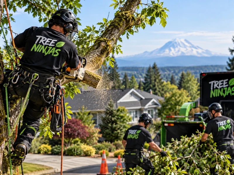 Tree Ninjas arborist in climbing gear cutting a tree limb with a chainsaw while crew members feed branches into a wood chipper.