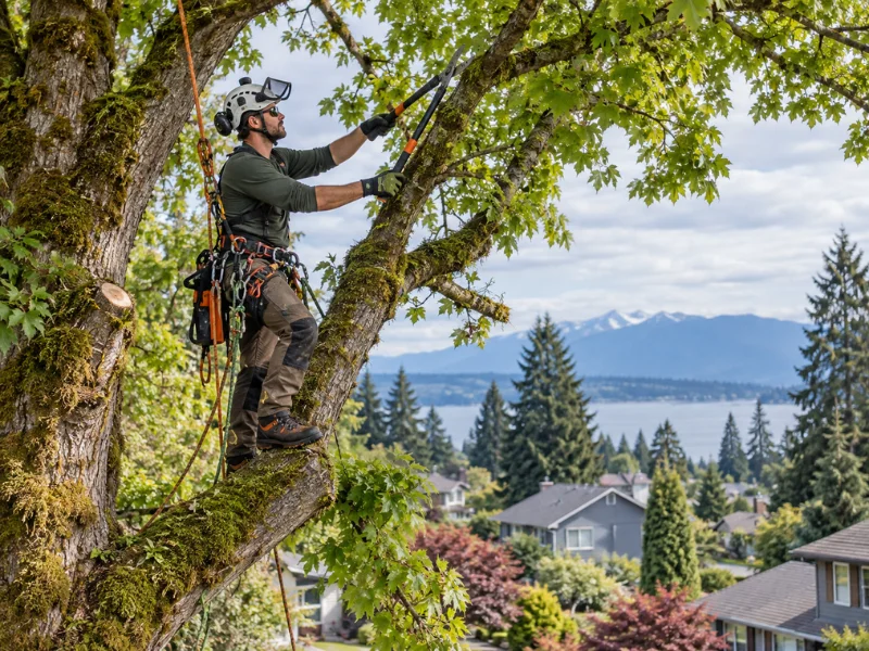 Arborist in a helmet and climbing harness pruning high branches of a moss-covered tree above a residential neighborhood.