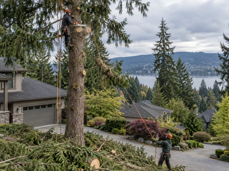 Climbing arborist cutting a limb from a tall conifer while a ground crew member lowers it with ropes next to a home. Climbing arborist cutting a limb from a tall conifer while a ground crew member lowers it with ropes next to a home.