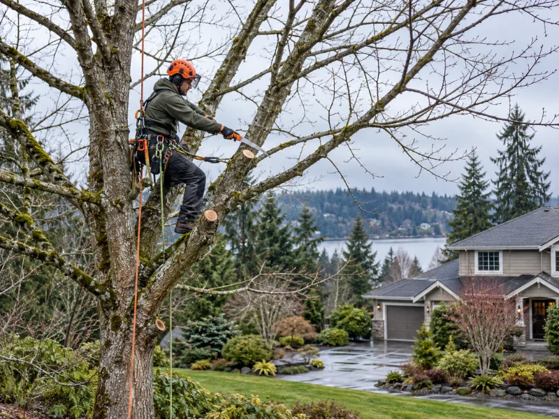 Arborist in a helmet and climbing harness pruning branches of a leafless tree with a hand saw above a residential yard. Arborist in a helmet and climbing harness pruning branches of a leafless tree with a hand saw above a residential yard.