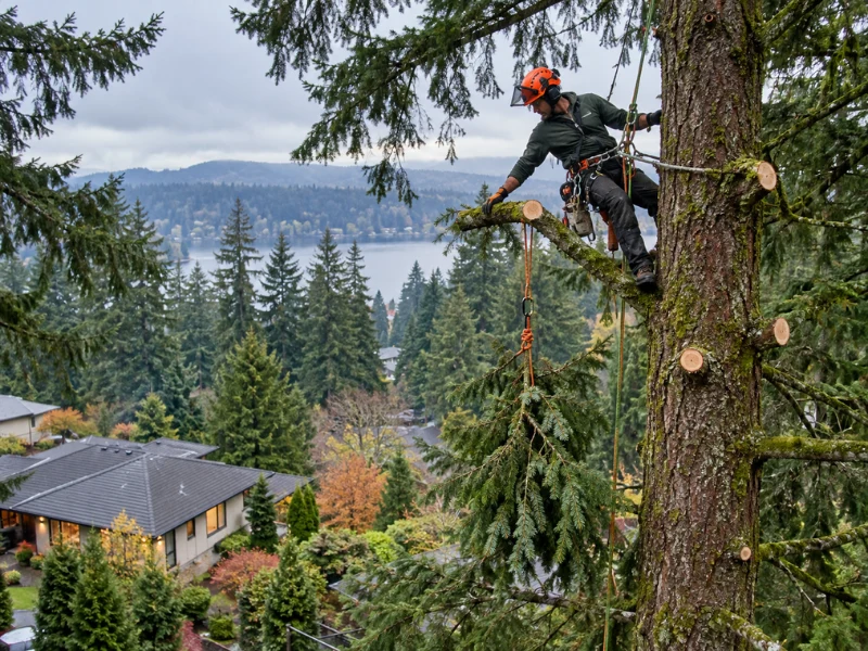 Arborist in a climbing harness and orange helmet pruning branches high in a tall evergreen tree above neighborhood homes and a lake. Arborist in a climbing harness and orange helmet pruning branches high in a tall evergreen tree above neighborhood homes and a lake.