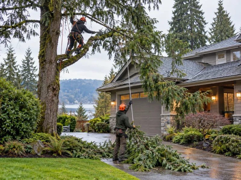 Tree pruning crew trimming an evergreen, with one arborist climbing in a harness and another using a pole to guide fallen branches near a home’s driveway. Tree pruning crew trimming an evergreen, with one arborist climbing in a harness and another using a pole to guide fallen branches near a home’s driveway.