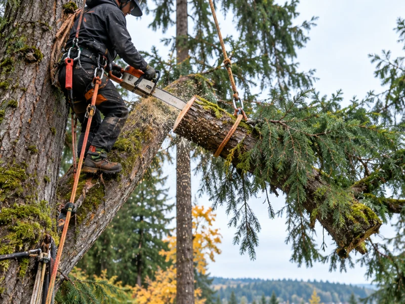 Arborist using climbing ropes and a chainsaw to cut a limb section during a tree trimming service. Arborist using climbing ropes and a chainsaw to cut a limb section during a tree trimming service.