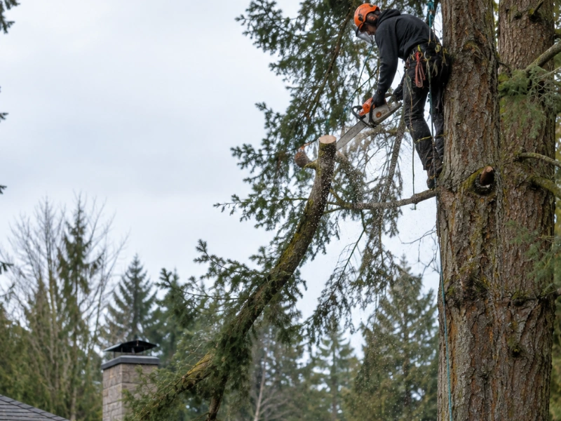 Tree trimming service arborist cutting a large limb from a tall fir tree near a home’s chimney. Tree trimming service arborist cutting a large limb from a tall fir tree near a home’s chimney.