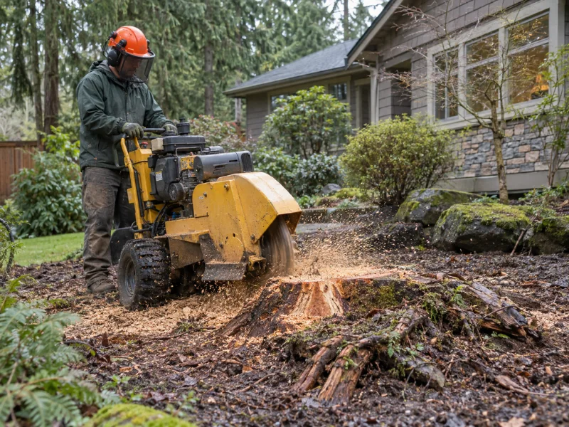 Tree removal worker using a stump grinder to grind down a tree stump in a homeowner’s front yard. Tree removal worker using a stump grinder to grind down a tree stump in a homeowner’s front yard.