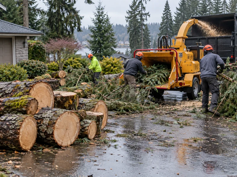 Tree removal crew feeding branches into a wood chipper next to cut logs during debris cleanup. Tree removal crew feeding branches into a wood chipper next to cut logs during debris cleanup.