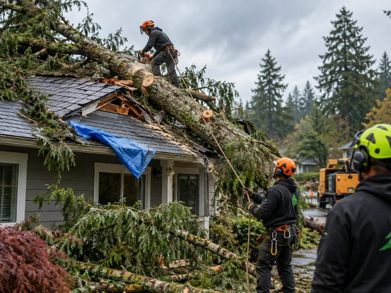Tree cutting specialists safely cutting and removing a large storm-damaged tree resting on a house roof.