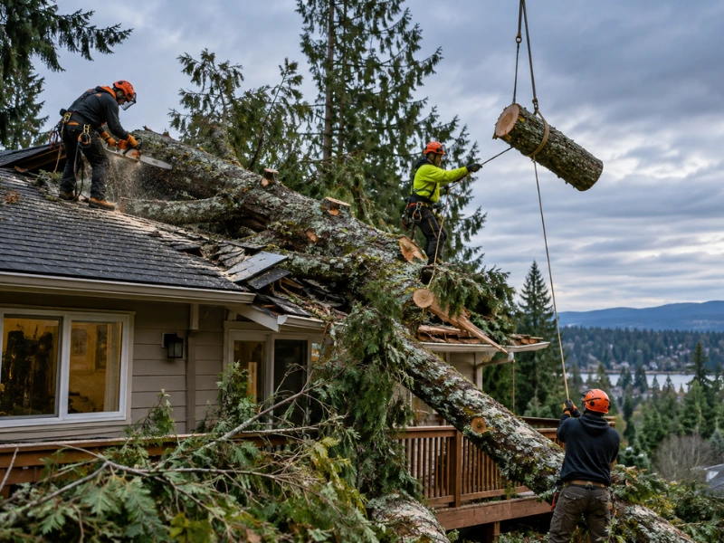 Professional tree cutting crew using chainsaws and lifting equipment to remove a large fallen tree from a residential roof.