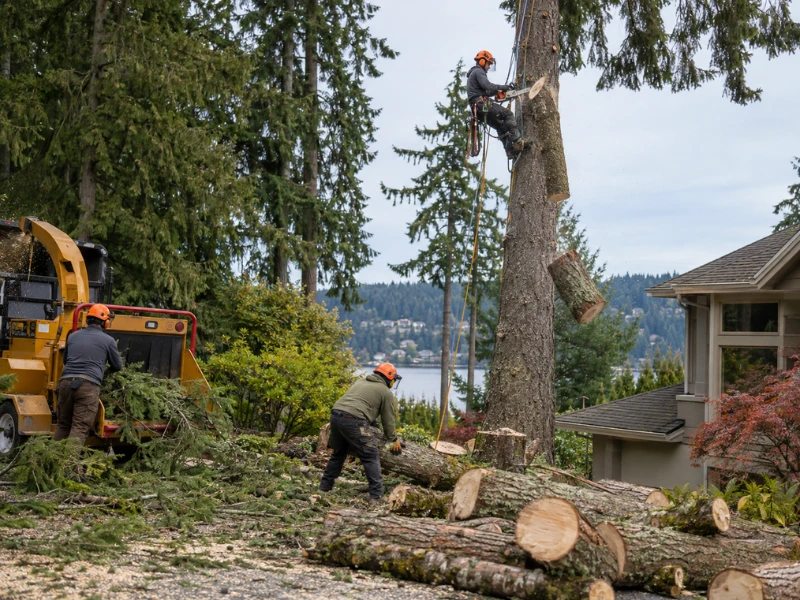 Tree care crew lowering a trunk section by rope while ground workers clear branches into a wood chipper.