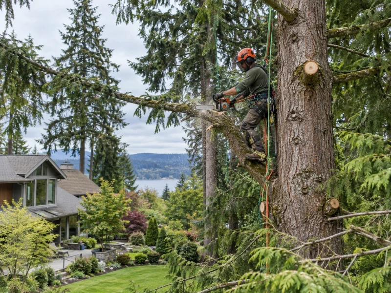 Tree care professional climbing a tall fir with a chainsaw to prune a large limb above a home.