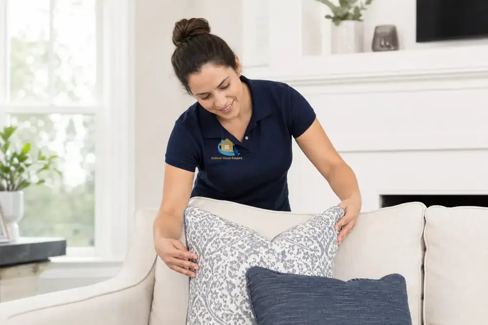 Andover House Keepers cleaner arranging pillows in a bright living room