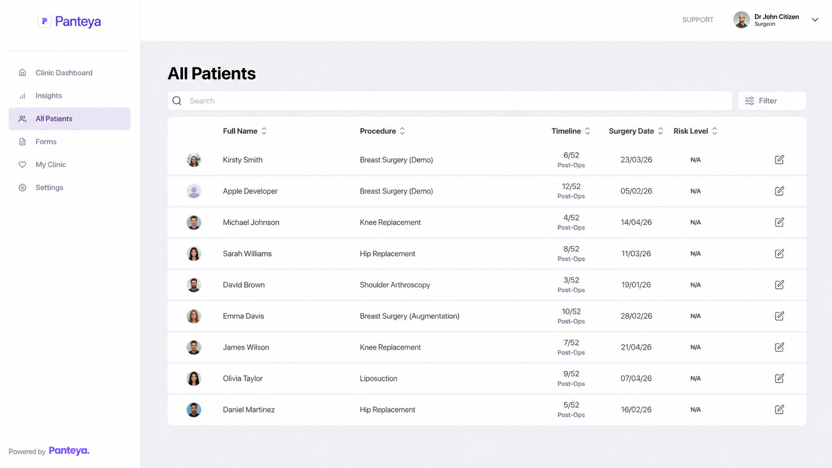 Panteya clinician dashboard showing patient workflow visibility