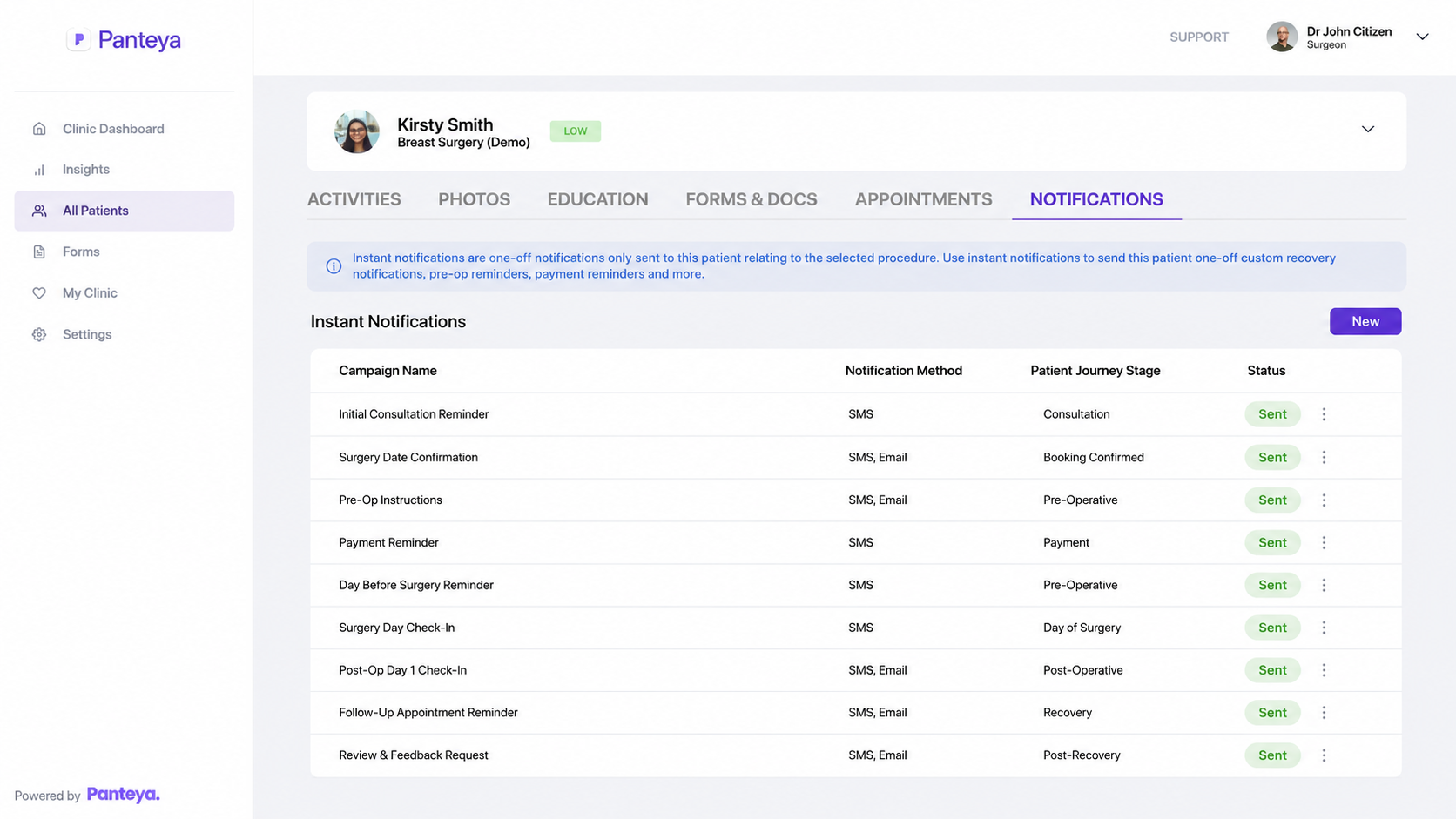 Panteya dashboard showing patient notifications