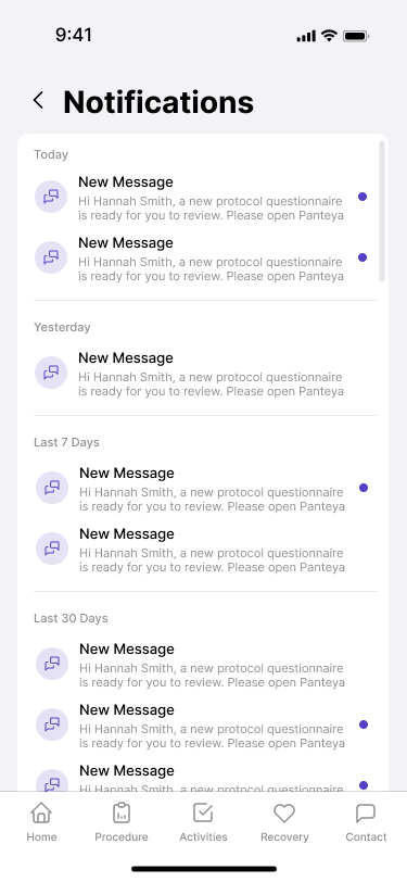 Panteya patient app notifications screen