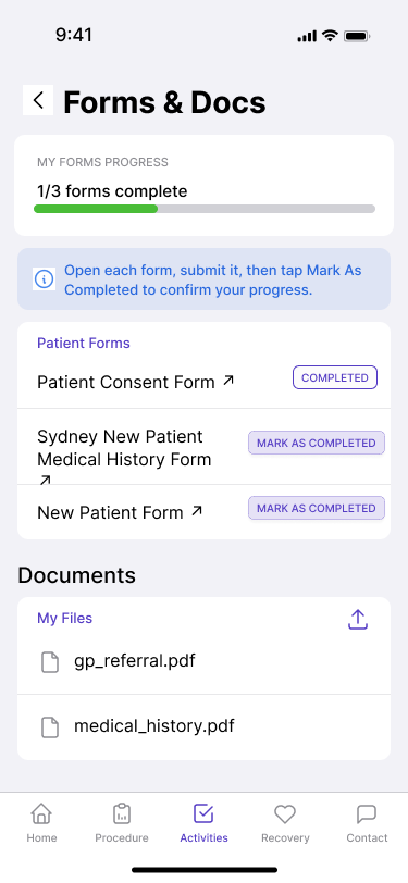 Panteya patient app forms and documents screen