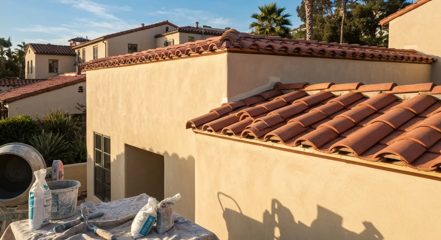 Stucco and roof restoration on Mediterranean home