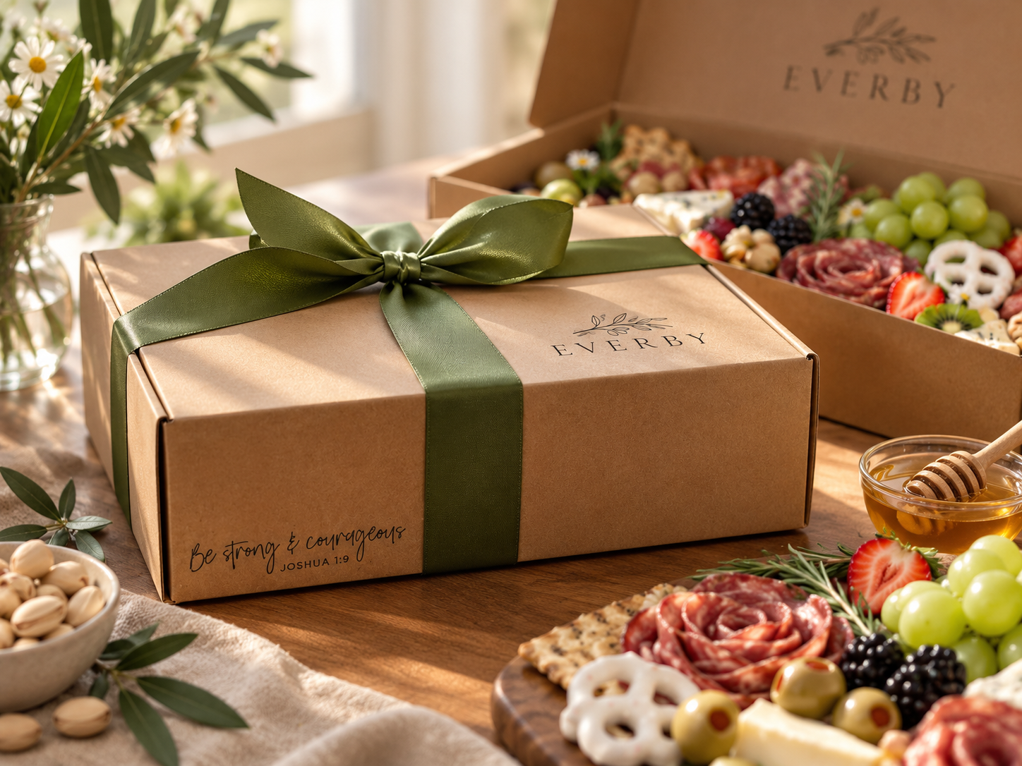 Everby corporate gift box beside a curated grazing box