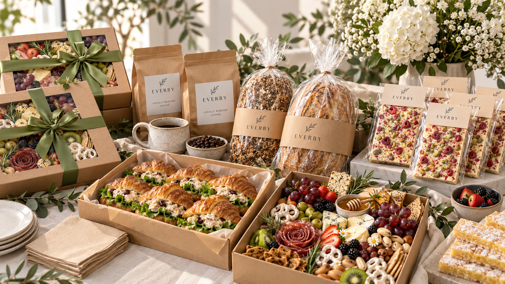 Large Everby corporate grazing table with gift boxes and coffee