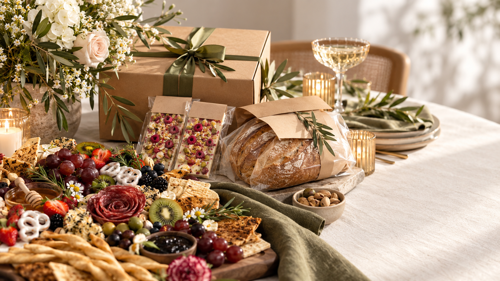 Everby gift boxes and grazing spread on a warm table
