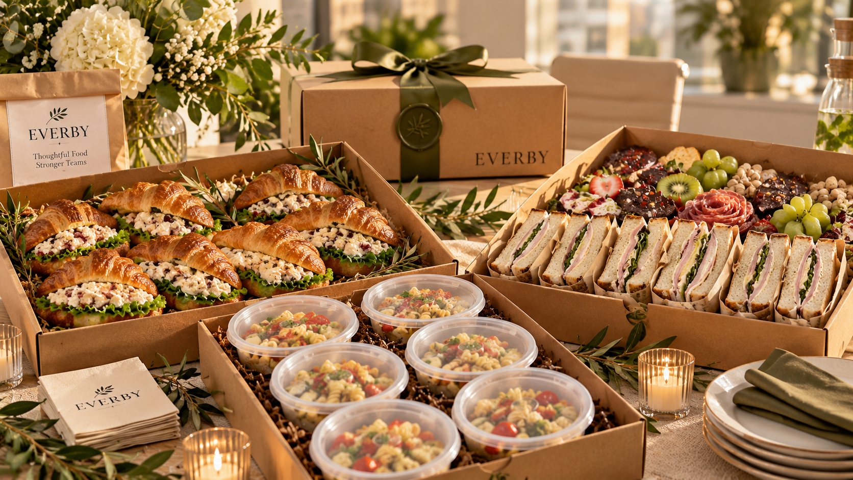 Everby office catering boxes with sandwiches and fruit