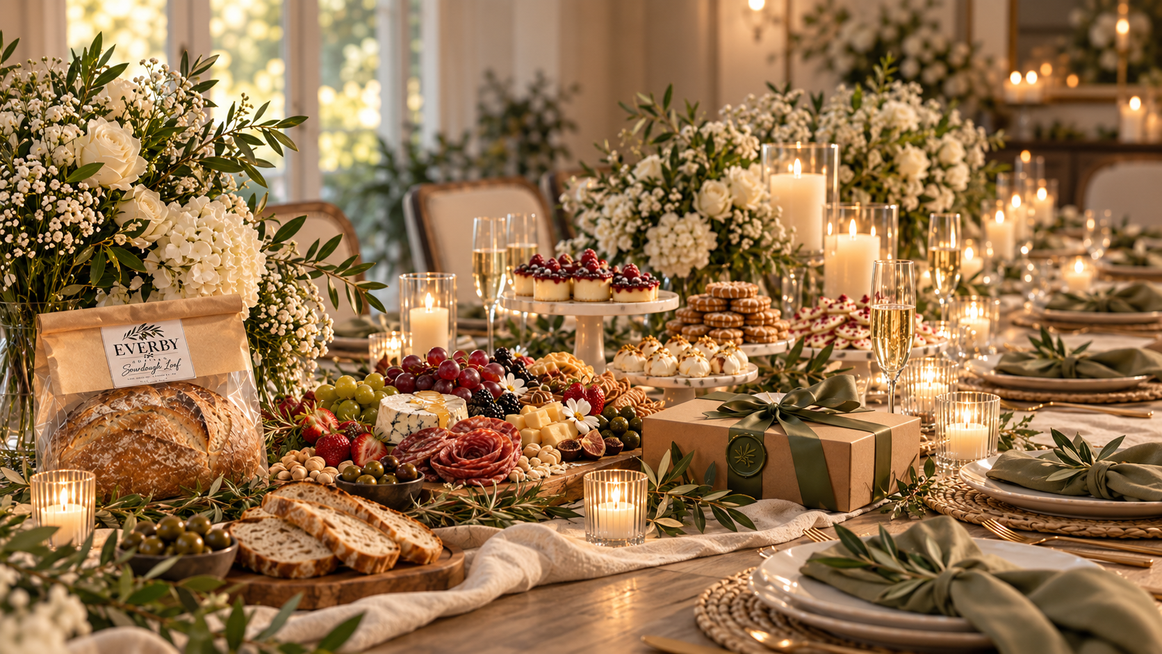 Long corporate banquet table set with Everby gift boxes