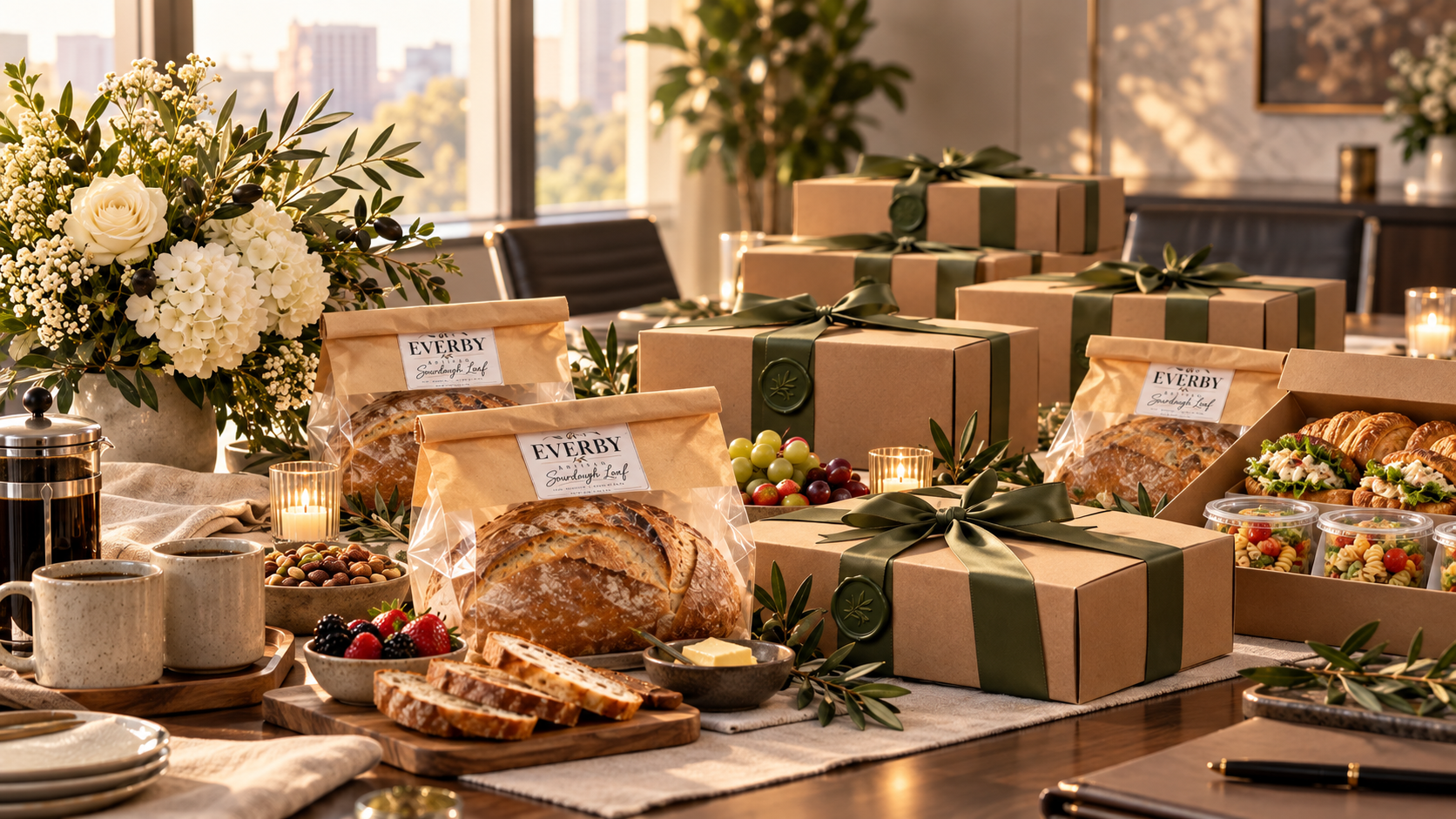 Conference table prepared with Everby corporate gift boxes