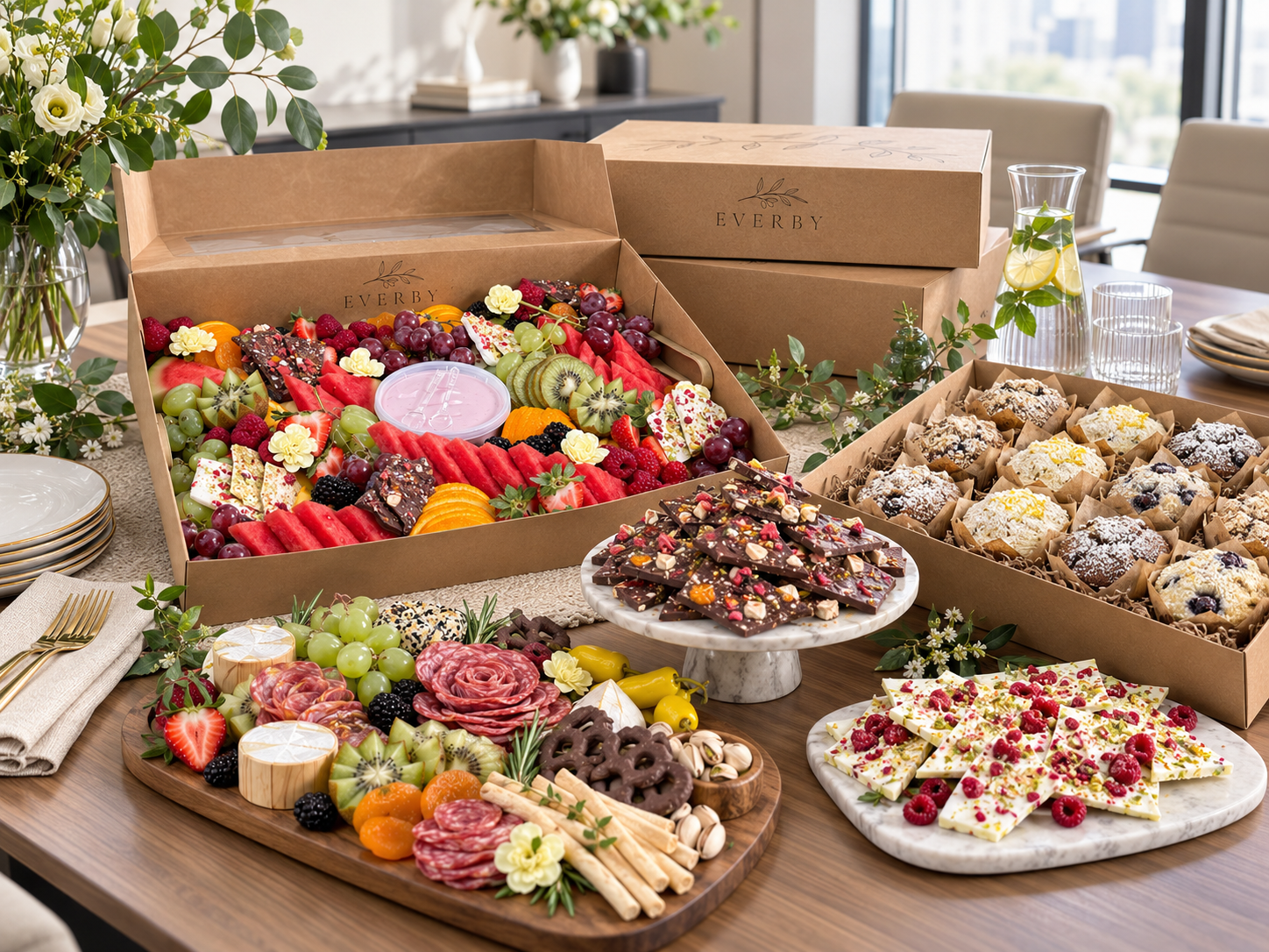 Everby office lunch in a conference room with sandwiches, fruit, charcuterie, and chocolate bark