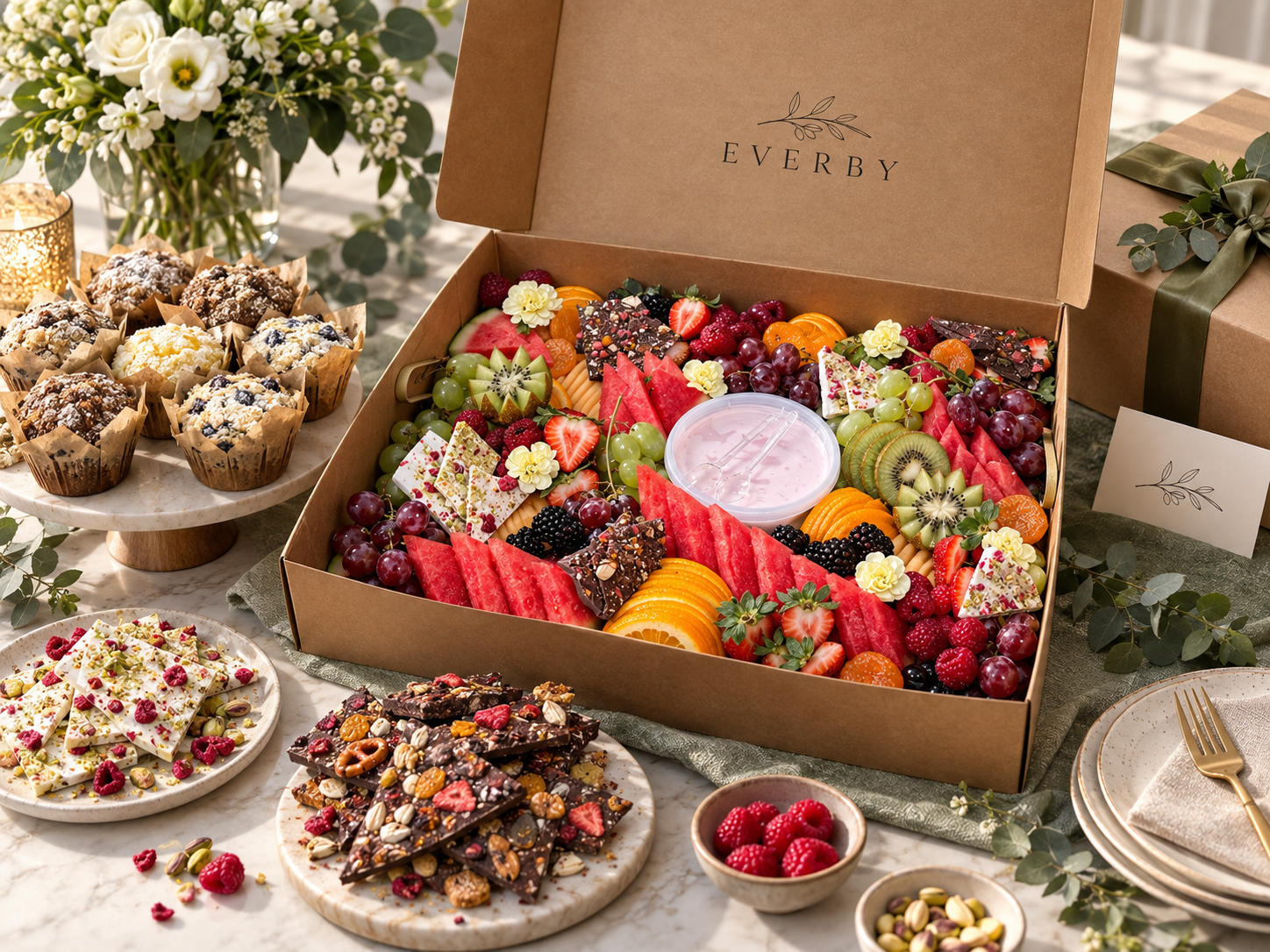 Everby holiday spread with fruit, muffins, chocolate bark, candles, and a gift box