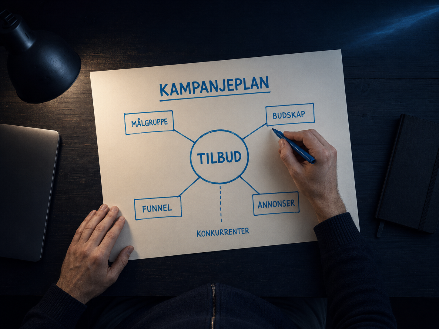 Strategi og analyse — håndtegnet kampanjeplan