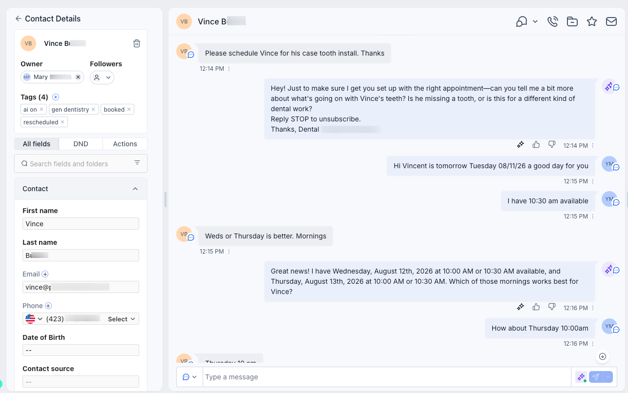 BiteBot messaging: the AI offers appointment times and books a patient by text.