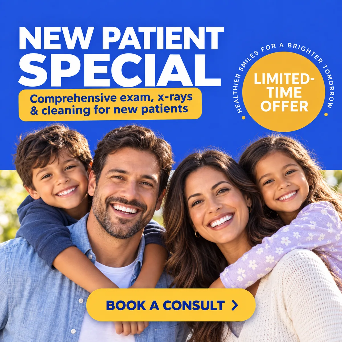 A BiteBot new patient special ad offering a comprehensive exam, x-rays, and cleaning.