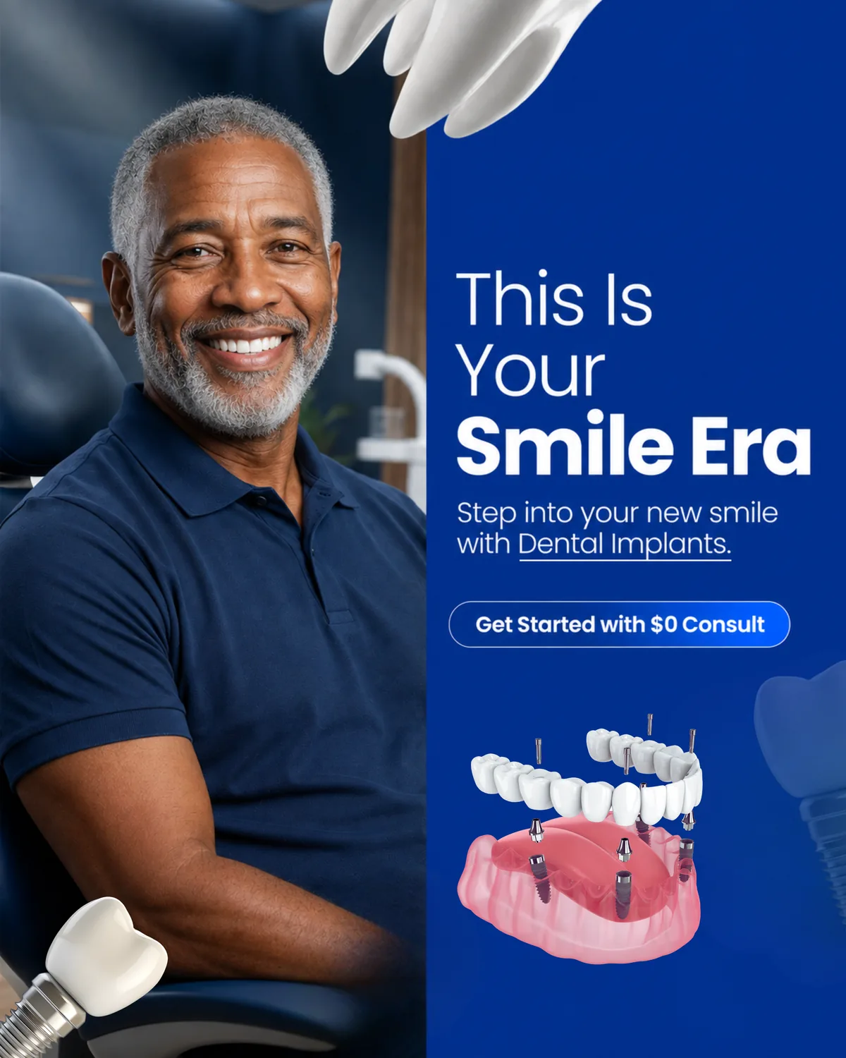 A BiteBot full-arch dental implants ad with the headline This Is Your Smile Era.