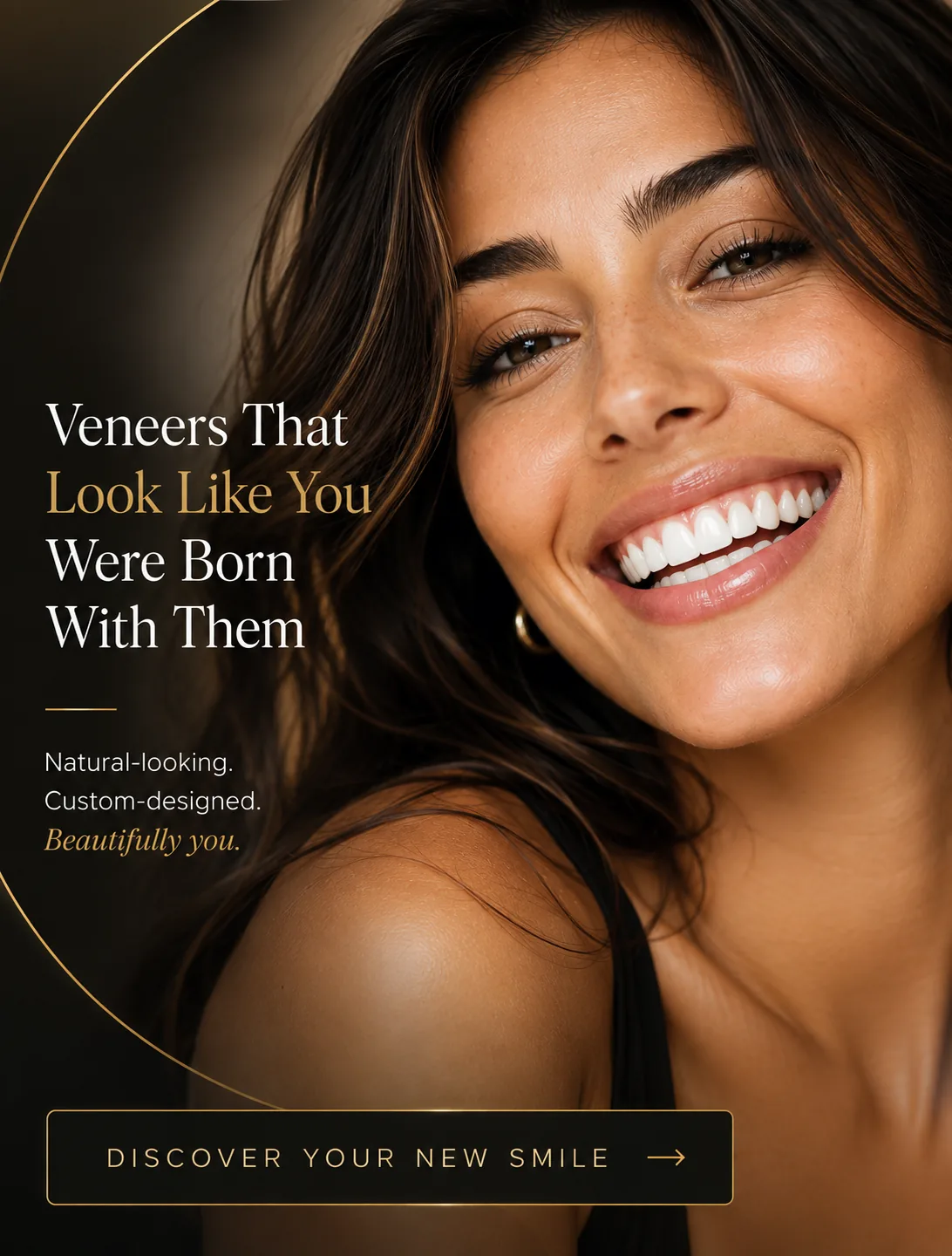 A BiteBot veneers ad with a dark gold aesthetic and Discover Your New Smile call to action.