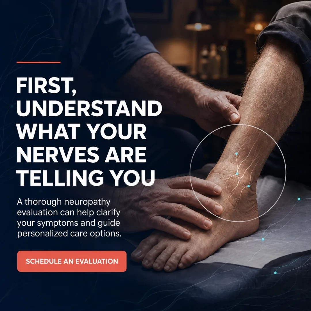 A BiteBot for Medical neuropathy evaluation ad encouraging patients to schedule an assessment.